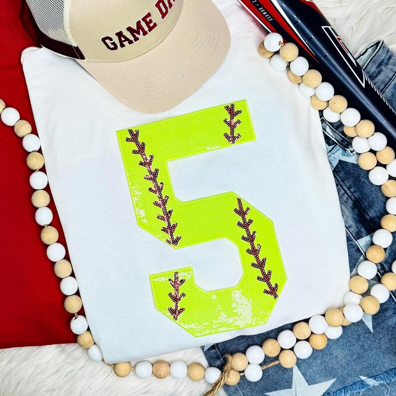 Softball Number Sequin Patch, bright yellow patch with red sequin detailing in the shape of a number 5