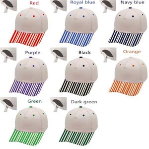 Seersucker Cotton Trucker Hat - Various Colors, with striped brim in red, blue, navy, purple, black, orange, green, and dark green.