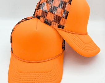 Safety Orange & Black Checkered Foam Trucker Hat