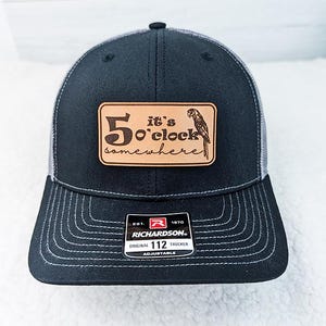 It's 5 o'clock Somewhere Parrot Leather Hat Patch, Laser Engraved Faux Leather Patch, Genuine Leather For Hats, Bag, and Apparel