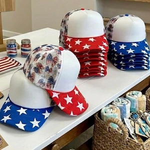 Patriotic Bows Foam Trucker Hat, Blank Trucker Hat for Patches, Adjustable Foam Cap, Boutique Hat