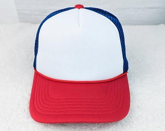 Red, White, and Blue Foam Trucker Hat, Blank Trucker Hat for Patches, Adjustable Foam Cap, Boutique Hat