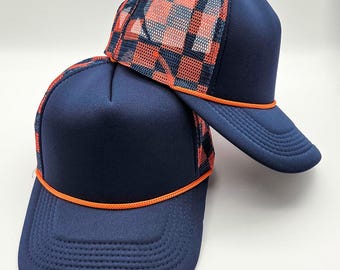 Navy & Orange Checkered Foam Trucker Hat