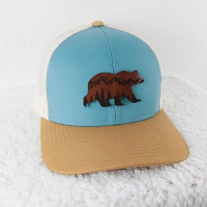Bear Landscape Leather Hat Patch, Laser Engraved Faux Leather Patch, Genuine Leather For Hats, Bag, and Apparel