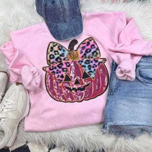 Pink Pumpkin with Leopard Bow Sequin Patch, Iron On Patch Glitter Applique, Diy Patch Sequin Applique, Glitter Embroidery For Apparel
