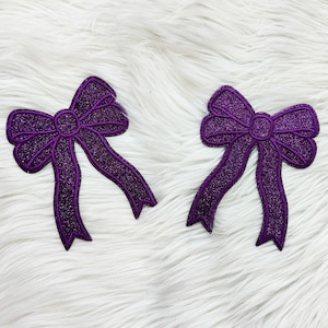 Purple Glitter Bow Sides Sequin Patch Set Of 2, Iron On Patch Glitter Applique, Diy Patch Sequin Applique, Glitter Embroidery For Apparel