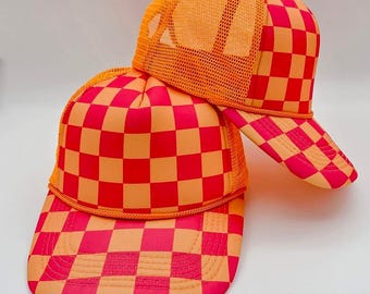 Neon Pink & Orange Checkered Foam Trucker Hat