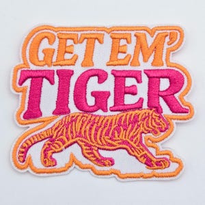 Get Em Tiger Embroidered Hat Patch, Pink Orange Game Day Iron On Patch for Hats, Tiger Spirit Patch, Football Tailgate Boutique Patch