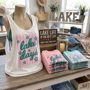 Lake Days Pink Stripes Puff Screen Print Transfer, High Heat Screen Printing, Iron On Transfer, Ready to Press Trendy Patch