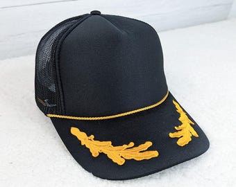 Black Foam Trucker Hat With Embroidered Gold Leaves