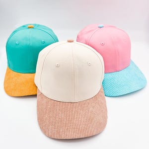 Structured Corduroy Bill Cap, Structured Cotton Hat, Boutique Hat for Patches, Adjustable Hat Bar Blank Cap, Color Block Blank Hat