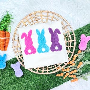 Triple Easter Bunny Chenille Patch, Fluffy Bunny Iron on Patch, Cute Rabbit Applique for Jackets, Bag, Shirts, & DIY Spring Craft