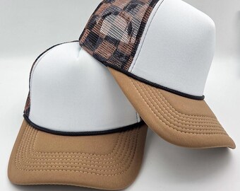 Black and Brown Checkered Foam Trucker Hat with Brown Bill