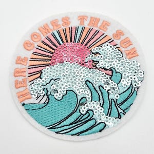 Here Comes The Sun Sequin & Embroidered Hat/Pocket Patch, Trucker Hat Patch, Ready to Press Iron On Patch For Hats