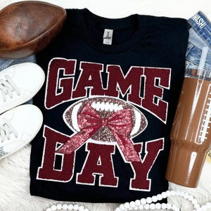Game Day Maroon Chenille Football with Sequin Bow Patch, Iron On Patch Glitter Applique, Glitter Embroidery For Apparel, Hats, and Bags
