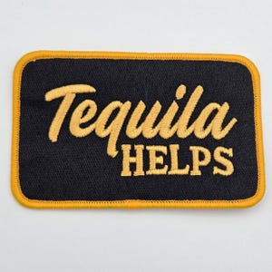 Tequila Helps Embroidered Hat Patch, Funny Drinking Iron On Patch for Hats, Black Gold Trucker Hat Patch, Boutique Hat Bar Patch