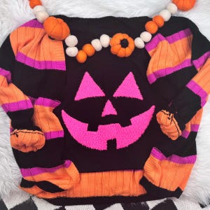 Jack O Lantern Fluffy Patch, Iron On Chenille Halloween Pumpkin Patch for Shirt, Neon Pink Spooky Boutique Apparel Patch