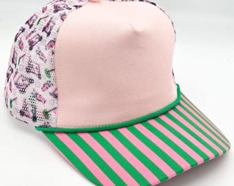 Pink & Green Striped Bill Golf Mesh Cotton Hat