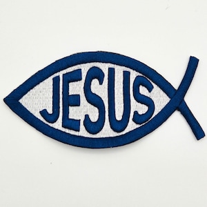 Jesus Fish Embroidered Hat Patch, Blue White Christian Iron On Patch for Hats, Ichthys Faith Symbol Patch, Religious Boutique Patch