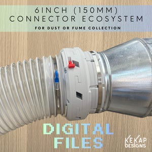 Puede incluir: Un sistema de conectores de 6 pulgadas (150 mm) para recolección de polvo o humos, con una manguera blanca flexible unida a un acoplamiento de plástico blanco con un pestillo rojo y un tornillo de ajuste azul, conectado a un conducto metálico.