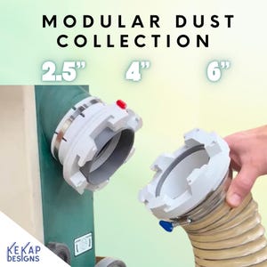 以下が含まれることがあります： モジュール式集塵システムコンポーネント。画像には、直径6.35 cm、10.16 cm、15.24 cmの白とグレーのコネクタが2つ表示されています。1つのコネクタは緑色の機械に取り付けられ、もう1つはフレキシブルホースに接続されています。