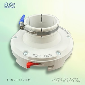 May include: White tool hub with a silver clamp and blue lever. The text "TOOL HUB" is visible. The product is labeled as a "4 INCH SYSTEM". The text "LEVEL-UP YOUR DUST COLLECTION" is also visible.