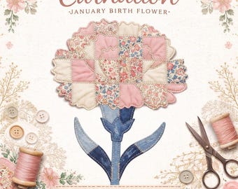 Design en sublimation oeillet PNG, fleur de naissance janvier, motif de courtepointe Faux Patchwork, floral cottagecore, téléchargement numérique pour mugs