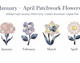 Bundle de fleurs de naissance de janvier à avril, sublimation de fausse couette PNG, patchwork floral printanier, jonquille violet oeillet marguerite