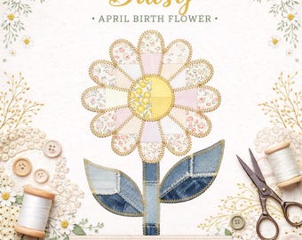 Daisy Sublimation Design PNG, fleur de naissance d'avril, motif de courtepointe Faux Patchwork, Floral blanc, téléchargement numérique pour sacs fourre-tout