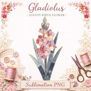 Gladiolus Sublimationsdesign PNG, August Geburtsblume, Faux Patchwork Quilt Muster, Sommerblumen, digitaler Download