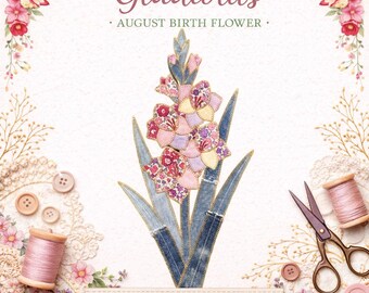 Glaïeul sublimation Design PNG, fleur de naissance août, motif de courtepointe Faux Patchwork, Floral d'été, téléchargement numérique