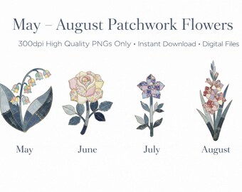 Bundle de fleurs de naissance de mai à août, sublimation de fausse couette PNG, patchwork floral d'été, glaïeul pied d'alouette Lys rose