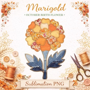 Marigold Sublimation Design PNG, October Birth Flower, Faux Patchwork Quilt Pattern, Autumn Floral, Digital Download