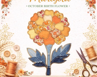 Souci Sublimation Design PNG, fleur de naissance octobre, motif de courtepointe Faux Patchwork, Floral automne, téléchargement numérique