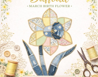 Sublimation jonquille Design PNG, fleur de naissance mars, motif de courtepointe Faux Patchwork, Floral printanier, téléchargement numérique pour les chemises