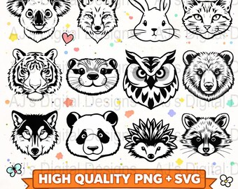 Lot de 12 animaux SVG mignons | PNG et SVG de haute qualité | Clipart visage animal | Fichiers de coupe Cricut et Silhouette