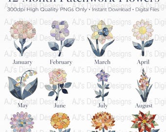 Bundle de fleurs de naissance de 12 mois, sublimation de fausse couette PNG, Pack de patchwork floral toute l'année, téléchargement numérique Cottagecore