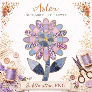 Aster Sublimation Design PNG, September Birth Flower, Faux Patchwork Quilt Pattern, Fall Floral, Digital Download for Mugs