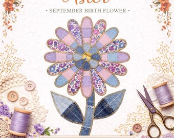 Aster Sublimation Design PNG, fleur de naissance de septembre, motif de courtepointe Faux Patchwork, Floral d'automne, téléchargement numérique pour mugs