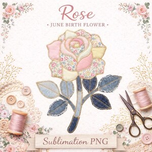 Rose Sublimation Design PNG, June Birth Flower, Faux Patchwork Quilt Pattern, Romantic Floral, Digital Download for Apparel