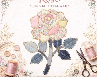 Sublimation rose Design PNG, fleur de naissance juin, motif de courtepointe Faux Patchwork, floral romantique, téléchargement numérique pour vêtements
