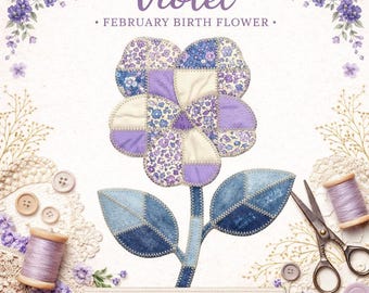 Sublimation violette Design PNG, fleur de naissance de février, motif de courtepointe Faux Patchwork, Floral violet, téléchargement numérique pour les gobelets