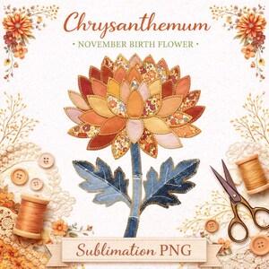 Sublimation de chrysanthème PNG, fleur de naissance novembre, motif de courtepointe Faux Patchwork, Floral d'automne, téléchargement numérique