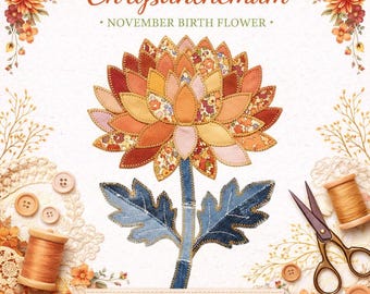 Sublimation de chrysanthème PNG, fleur de naissance novembre, motif de courtepointe Faux Patchwork, Floral d'automne, téléchargement numérique