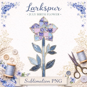 Diseño de sublimación de espuela de caballero PNG, flor de nacimiento de julio, patrón de patchwork, flores azules, descarga digital para vasos