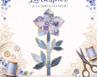 Conception de sublimation de pied d'alouette PNG, fleur de naissance de juillet, motif de courtepointe Faux Patchwork, Floral bleu, téléchargement numérique pour les gobelets