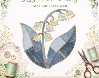 Sublimation de muguet en PNG, fleur de naissance en mai, motif de courtepointe faux patchwork, floral délicat, téléchargement numérique