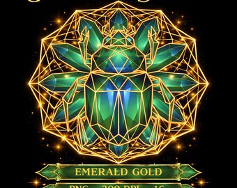 Scarabée géométrique à sublimation PNG | Scarabée bijou en or émeraude | Téléchargement numérique de POD à usage commercial | Art égyptien d'insectes 16" 300 DPI