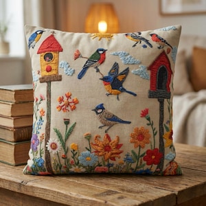 Può includere: Cuscino quadrato ricamato con uccelli colorati, casette per uccelli, fiori e nuvole. Il cuscino ha uno sfondo beige con cuciture dettagliate in vari colori. Il design include una varietà di uccelli, fiori e casette per uccelli, creando un tema ispirato alla natura.