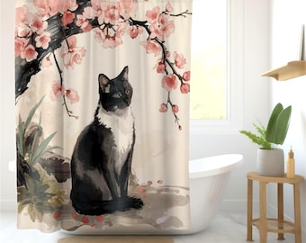 Cortina de ducha con gatos y flores de cerezo, decoración de baño con gatos en blanco y negro, baño floral japonés, decoración de baño estilo cottagecore, regalo para amantes de los gatos